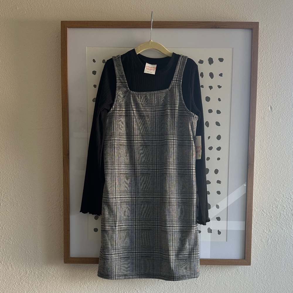 Kohl's Gray Plaid Pinafore Dress with Black Long Sleeve